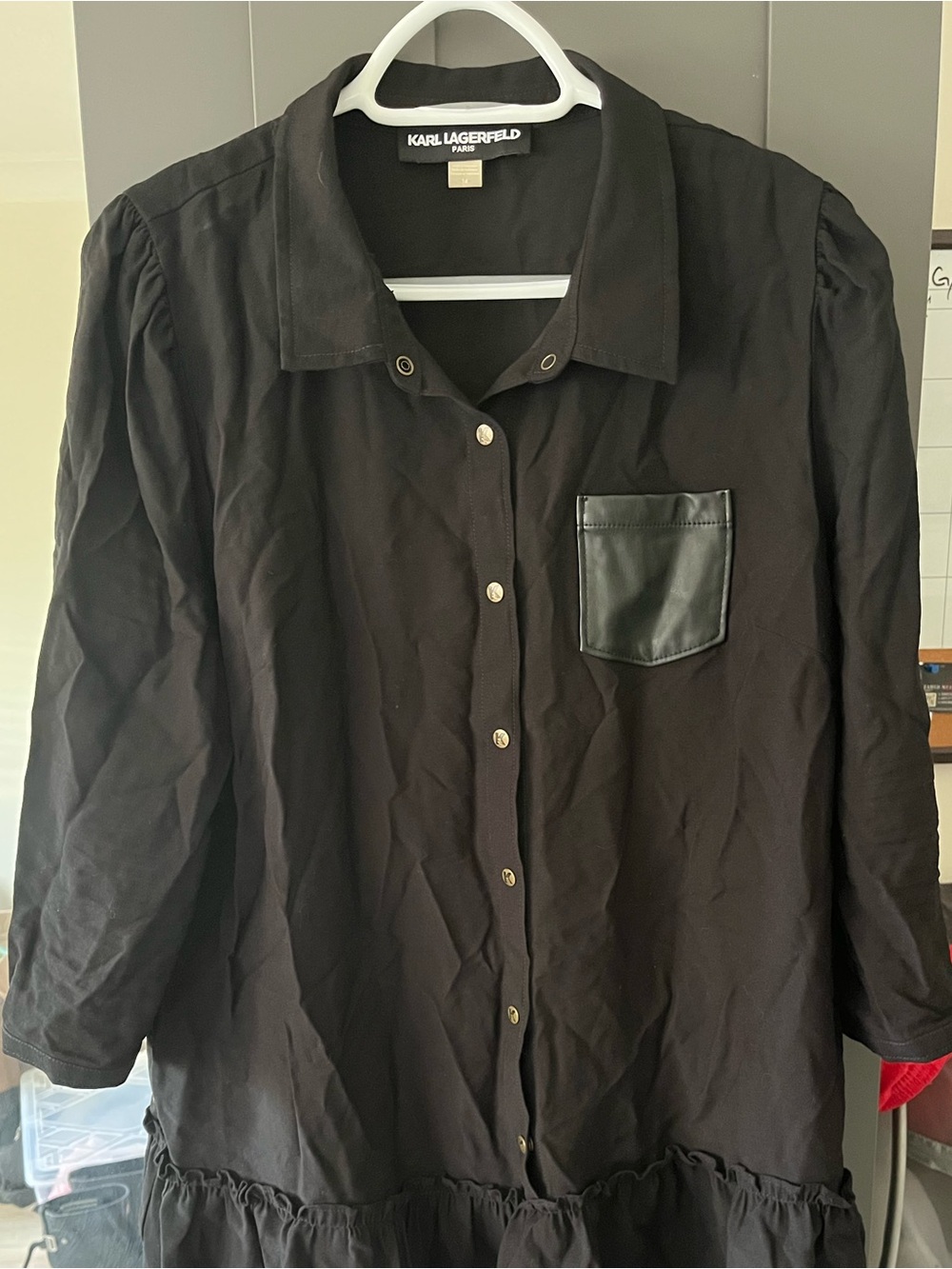 Karl Lagerfeld Black Midi Shirt Dress with Faux Leather Chest Pocket